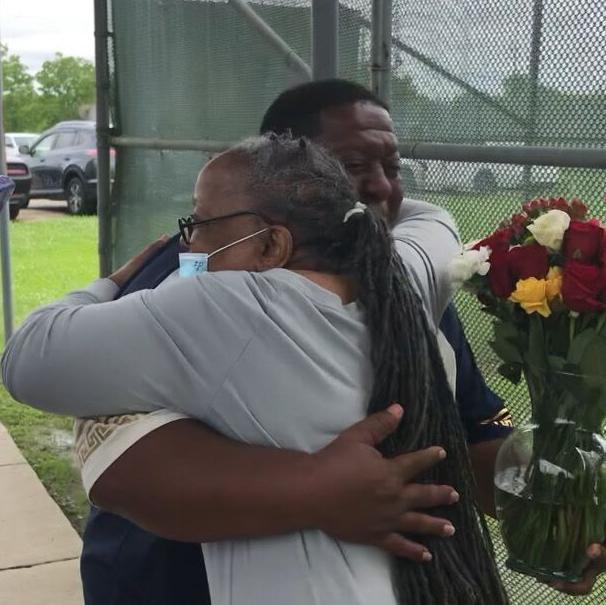 Betty Jean Broaden hugs her son after her release from prison. One of Louisiana's oldest incarcerated women, Broaden was freed on Wednesday, May 12, 2021, after the Orleans Parish District Attorney's Office agreed that she was wrongfully convicted. Contributed