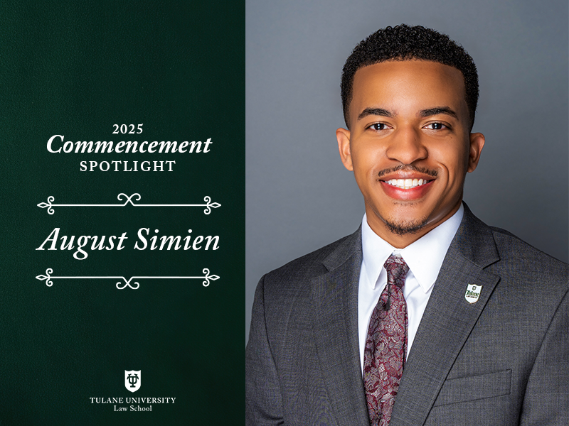 August Simien smiles for a headshot in professional attire. Text on the image reads "2025 Commencement Spotlight. August Simien."