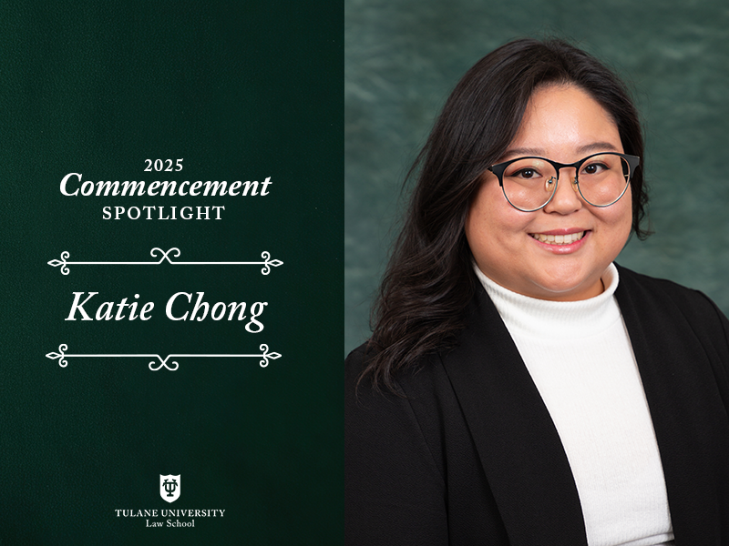 Katie Chong poses for a professional photo on a green background. Text reads "2025 Commencement Spotlight. Katie Chong."