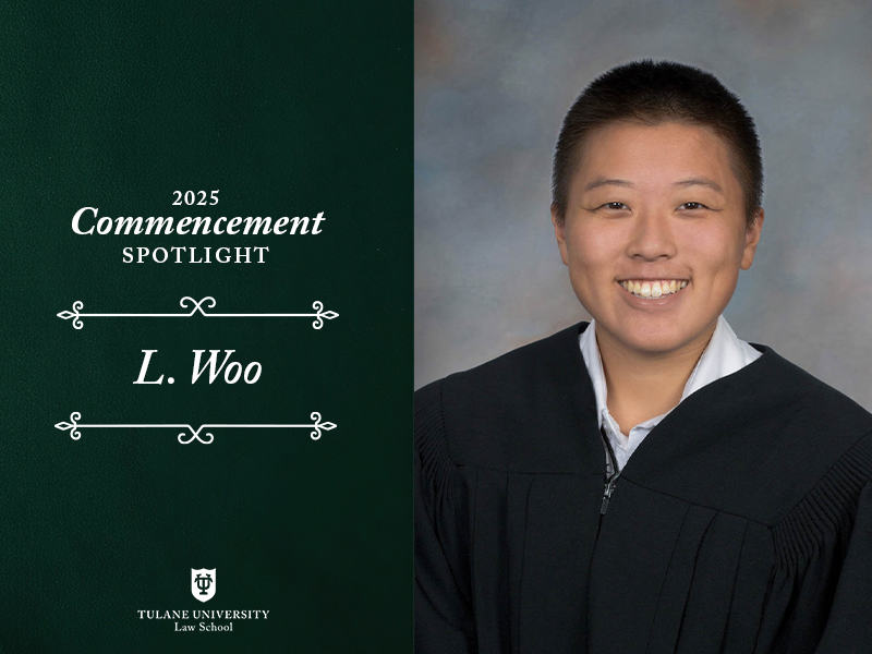 L. Woo poses for a photo, smiling while wearing a graduation robe against a grey background. Text on the image reads "2025 Commencement Spotlight. L. Woo."