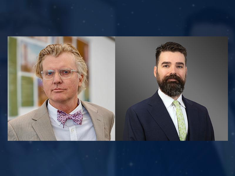 Two men, one with glasses and a bow tie, the other with a beard and green tie.