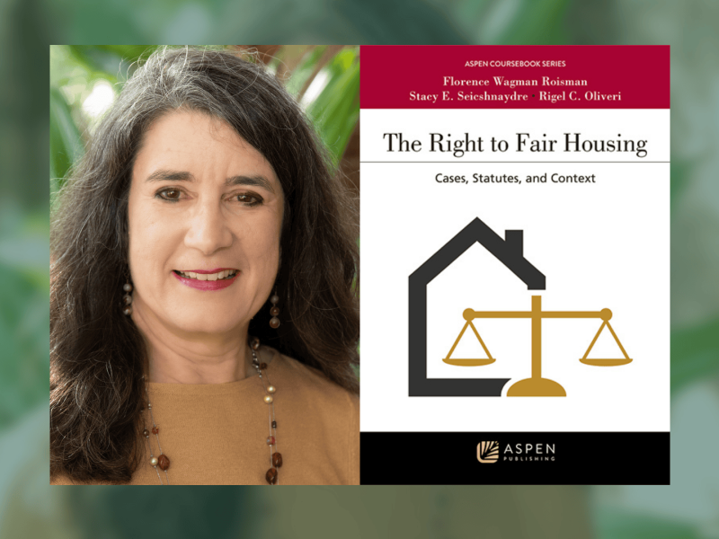 Smiling woman next to 'The Right to Fair Housing' book, featuring house and justice scales graphic.