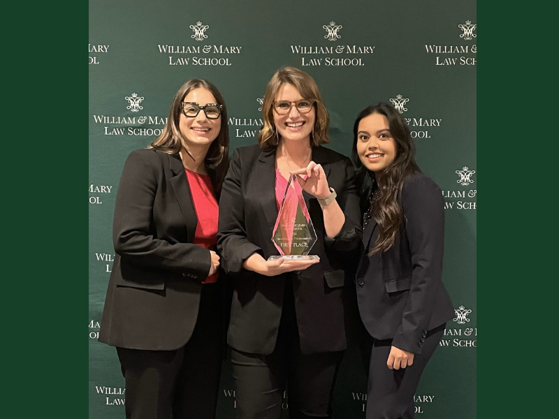 (L-R) Corina DeFeo, Coach Annie Cleveland and Ke'ala Brosseau after DeFeo and Brosseau won the William & Mary Law School Negotiation Competition.