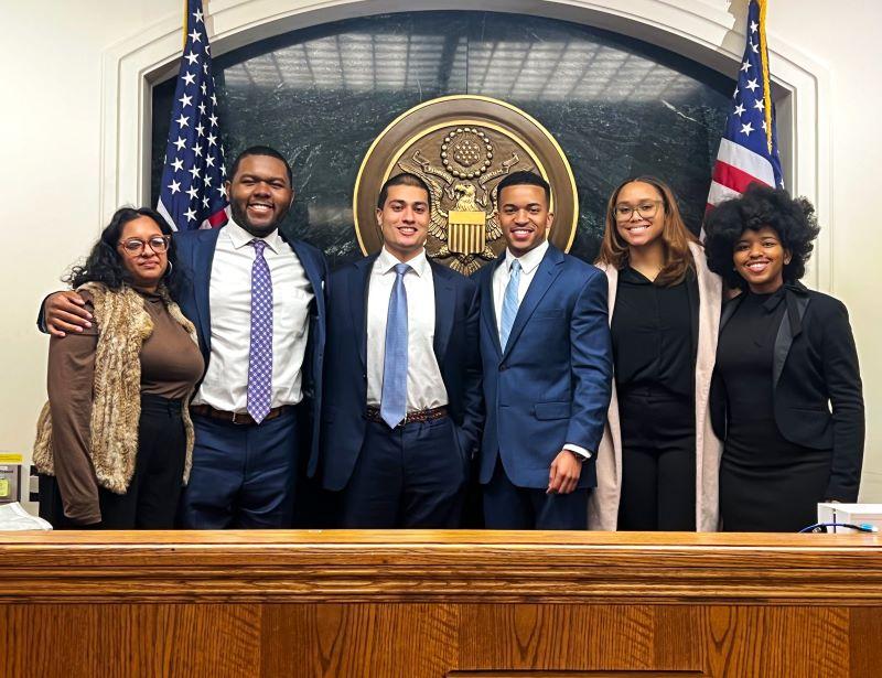 The Tulane BLSA powerhouse team: (L-R) Team coaches Lex Kumar and D.J. Johnson (both L'24), teammates Ehsun Qamar and August Simien (both L'25), and coaches and last year's national champs, Roi Wallace and Brianna Thurman (both L'24). The team will compete in the nationals in March.