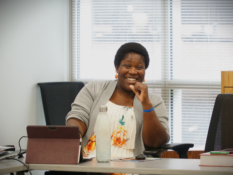 Professor Carla Laroche during a light moment in class with her students. Laroche's arrival at Tulane adds an innovative scholar to the law school’s faculty ranks, whose scholarship centers on access to justice. She is teaching a criminal justice seminar this fall, and will teach in coming semesters Criminal Law, Evidence, and other related courses.