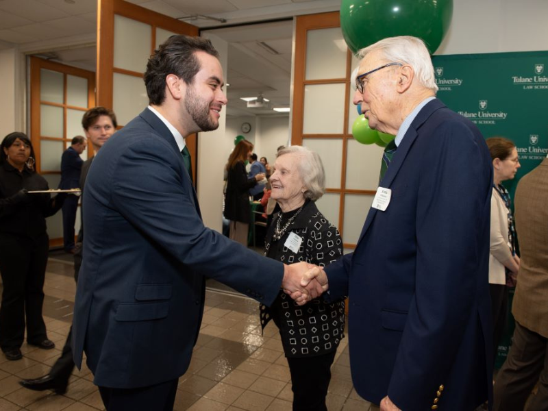 Second-year law student Pablo Gonzales, left, meets Mina and Ernest O'Bannon, the donors behind his law scholarship.