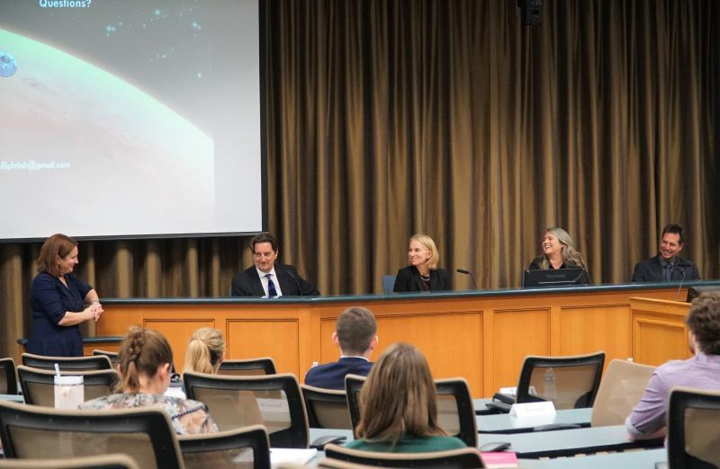 Dean Richardson, Professor Davies, Dr. Carroll, and Professors Amy and Erlank answer questions from attendees at the Space Law Launch event.