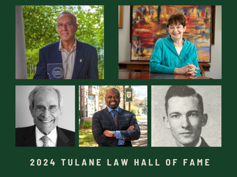 (Clockwise) David Campbell (L'60), Professor Catherine Hancock, retired Judge John Malcolm Duhé Jr. (L'57), Joseph West (L'86) and Louis Fishman (L'65) make up the 2024 Class of the Tulane Law Hall of Fame.