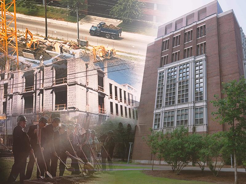 A collage of photos showing Weinmann Hall under construction and completed.
