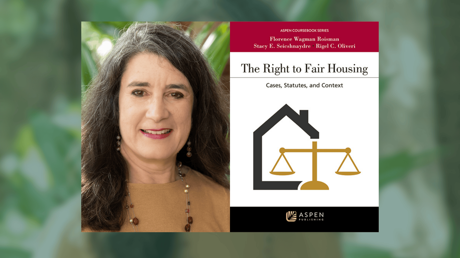 Smiling woman next to 'The Right to Fair Housing' book, featuring house and justice scales graphic.