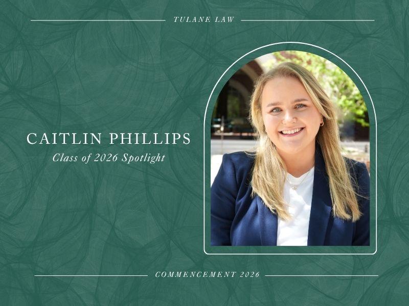 Graphic: Smiling woman, Caitlin Phillips, in blue blazer. Arched portrait on dark green.