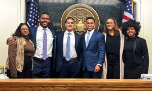 The Tulane BLSA powerhouse team: (L-R) Team coaches Lex Kumar and D.J. Johnson (both L'24), teammates Ehsun Qamar and August Simien (both L'25), and coaches and last year's national champs, Roi Wallace and Brianna Thurman (both L'24). The team will compete in the nationals in March.