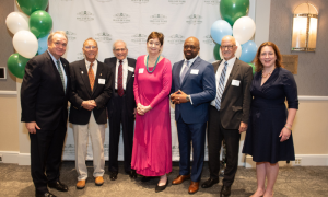 (L-R) Tulane University President Mike Fitts alongside Tulane Law Hall of Fame honorees David Campbell (L'60), Louis Fishman (L'65), Professor Catherine Hancock, Joe West (L'86), and Bo Duhe (representing his father, ret. Judge John Malcolm Duhé Jr. (L ’57)), as well as Interim Law Dean Sally Richardson. Tulane Law announced during the May 8 Hall of Fame ceremonies that through the generosity of alumni, the law school will create a new professorship in honor of Fishman and a new scholarship will be named in