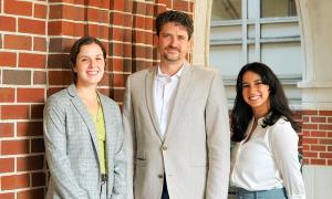 L-R The current Willam B. Wiener Jr. Fellows Haley Gentry (L'22, left) and Ximena De Obaldia (LLM '23, right) with Institute for Water Resources Law & Policy Director Christopher Dalbom (L'12). The Fellows will help produce timely research for government agencies, environmental nonprofits, legislatures, and community organizations as well as author white papers and policy research. (Photo: Alina Hernandez)