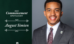 August Simien smiles for a headshot in professional attire. Text on the image reads "2025 Commencement Spotlight. August Simien."
