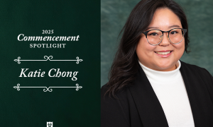 Katie Chong poses for a professional photo on a green background. Text reads "2025 Commencement Spotlight. Katie Chong."