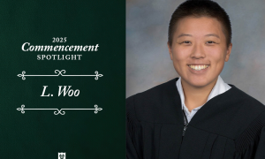 L. Woo poses for a photo, smiling while wearing a graduation robe against a grey background. Text on the image reads "2025 Commencement Spotlight. L. Woo."