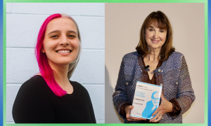 Two smiling women side-by-side: one with pink hair, the other holding a book.