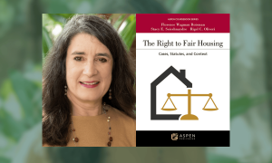 Smiling woman next to 'The Right to Fair Housing' book, featuring house and justice scales graphic.
