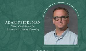 Graphic: Adam Feibelman, Oliver Fund Award for Excellence in Faculty Mentoring. Man in glasses.