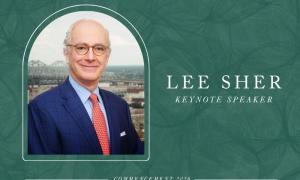 A headshot of Lee Sher on a green background. Text reads "Lee Sher, Commencement Speaker" and "Tulane Law Commencement"