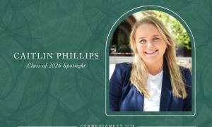 Graphic: Smiling woman, Caitlin Phillips, in blue blazer. Arched portrait on dark green.
